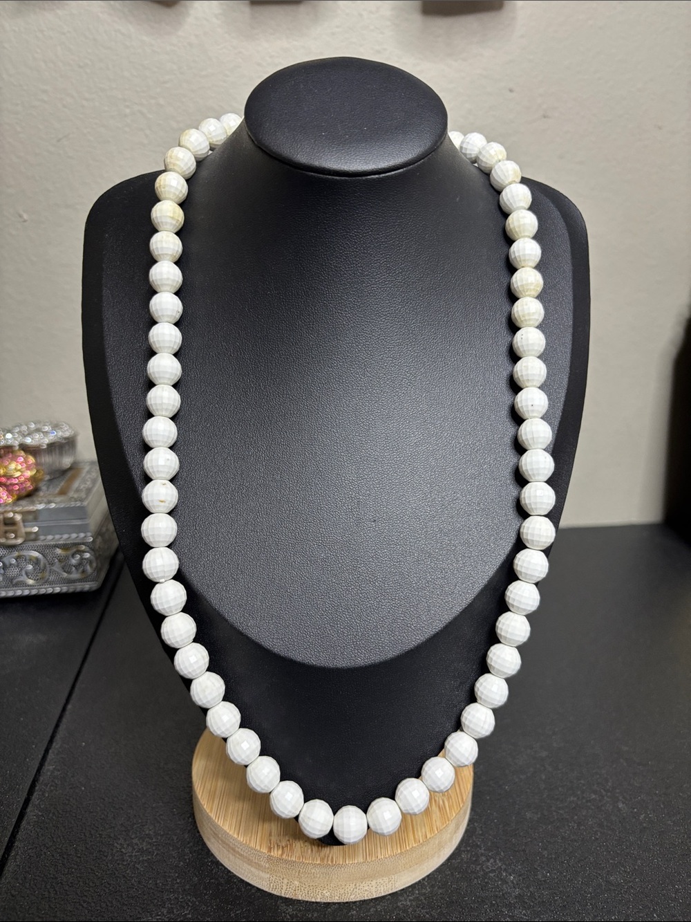 Monet Vintage White Round Bead Necklace Acrylic Timeless Chain Gold Tone Strand